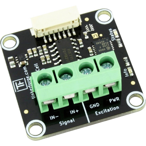 Lastmessverstärker für Arduino-Projekte: schwarzes PCB-Board mit grünen Klemmen und weißem Anschluss oben, etwa 3x3 cm.